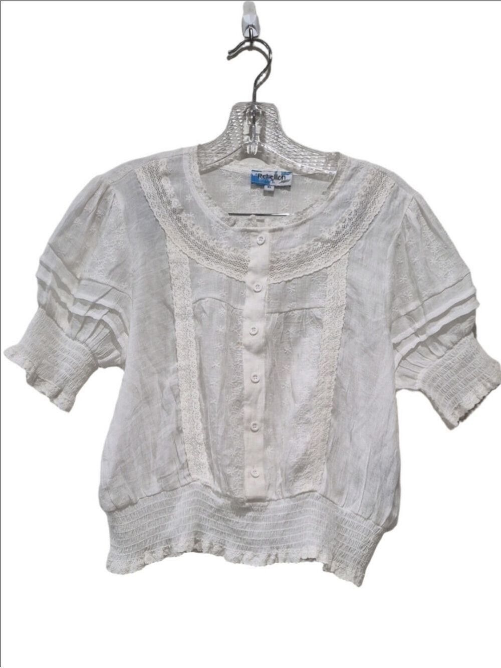 Rebellion White Eyelet Lace Peasant Top Smocked Waist & Cuffs XL, Fits S